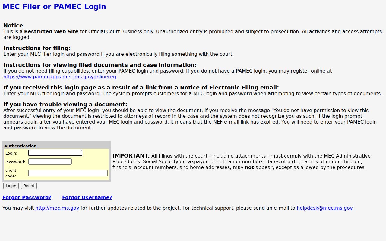 Wilkinson County Circuit Court MEC and PAMEC login screen