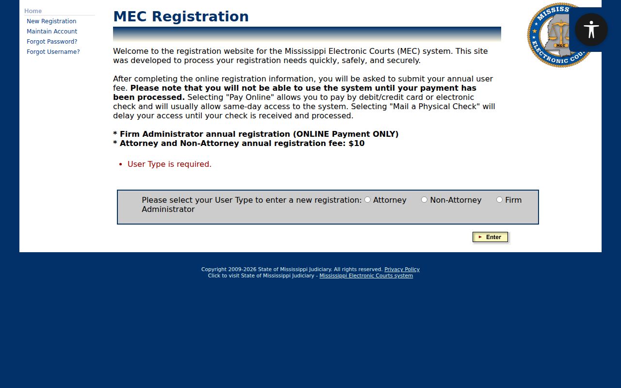 PAMEC public user registration screen for Wilkinson County court docket access