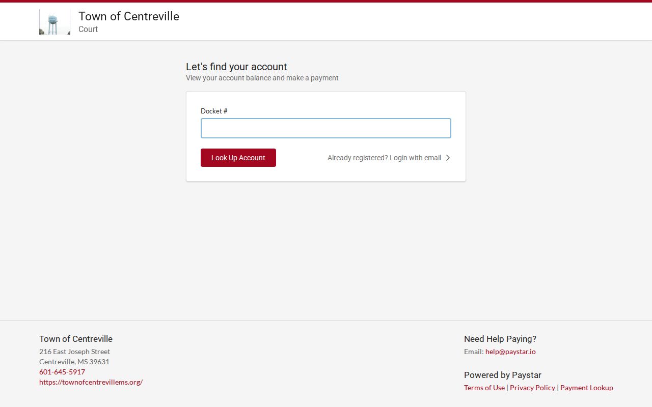 Centreville PayStar court fine account payment interface